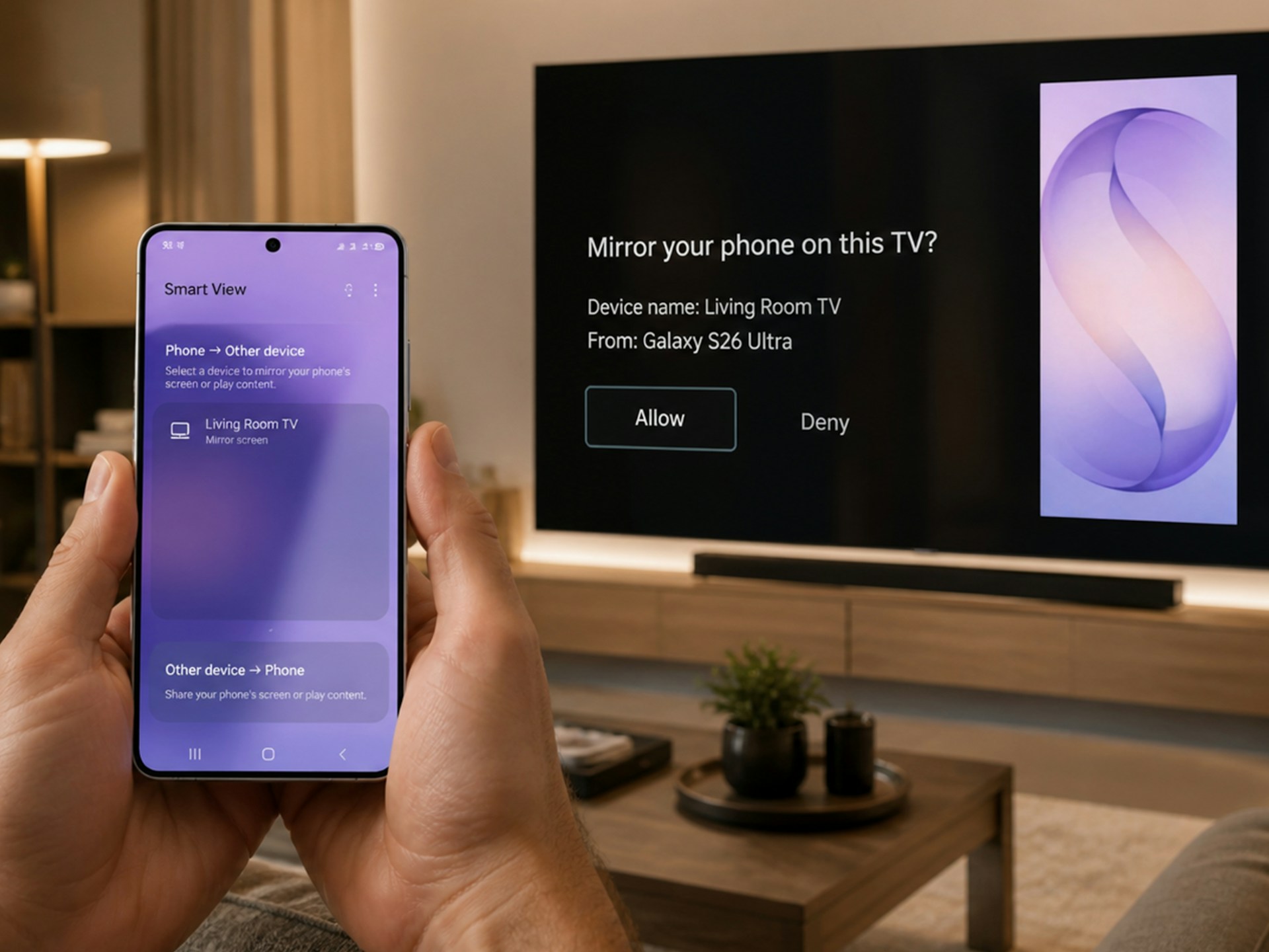 someone holding a Galaxy S Ultra while trying to mirror the phone screen to a large TV